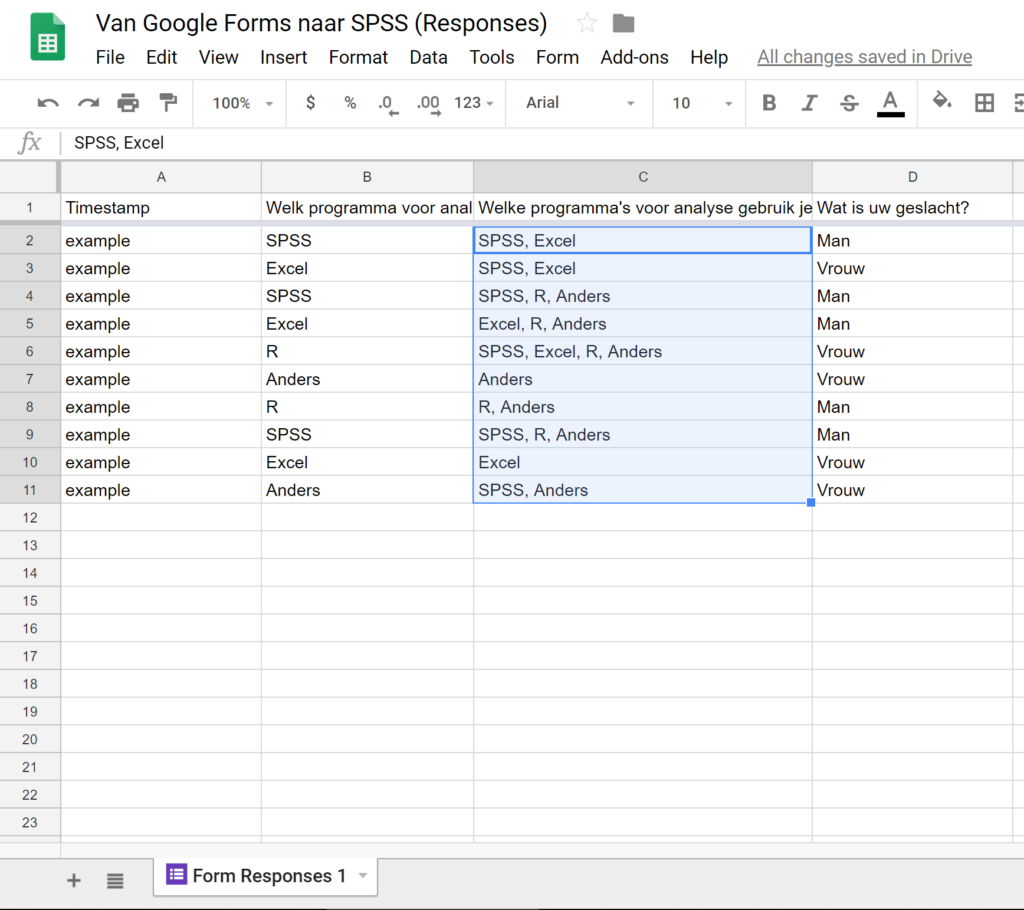 Google spreadsheet voor het omzetten naar SPSS. Multiple response voorbeeld. Alle antwoorden in 1 kolom